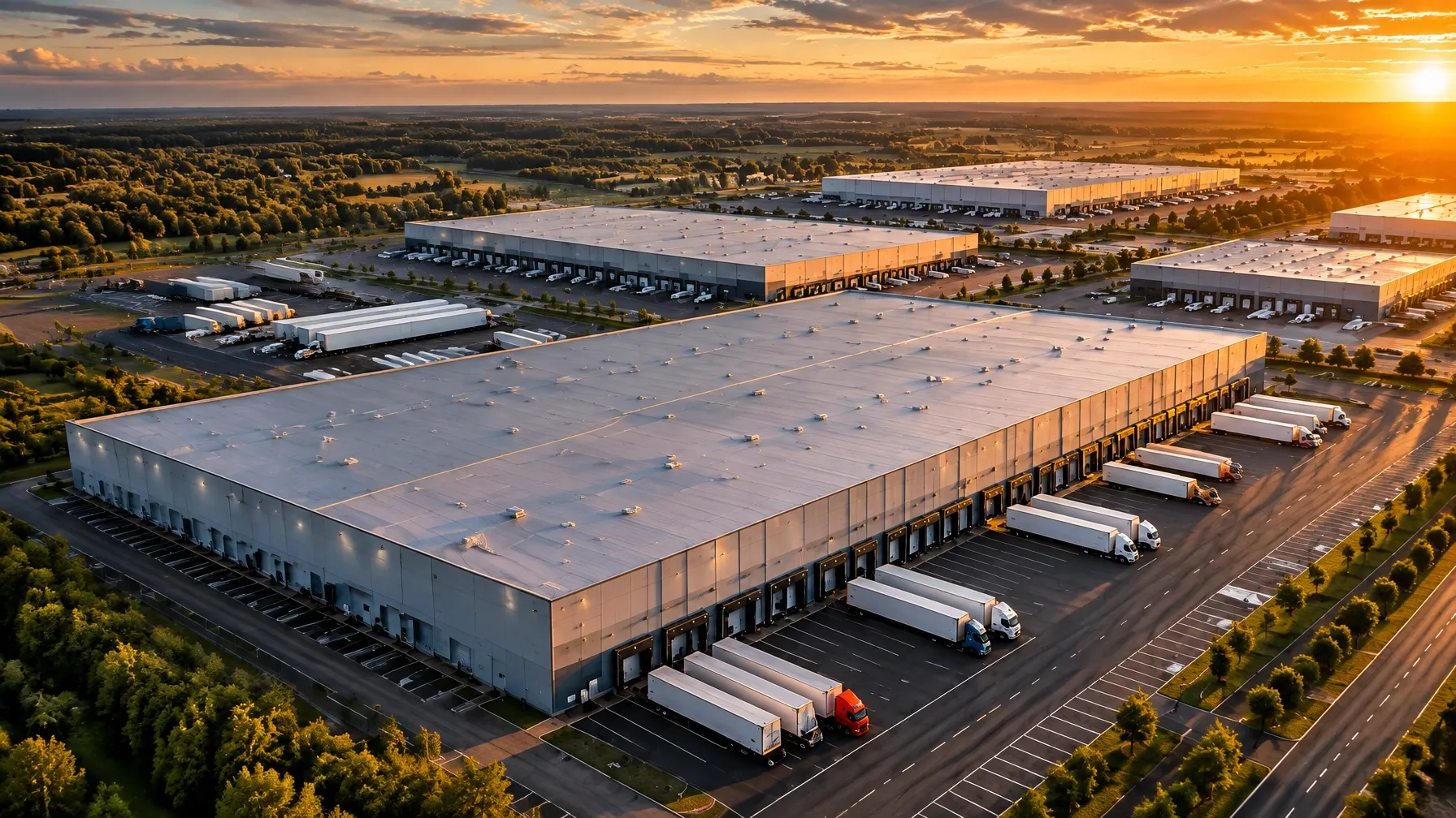 Aerial view of a modern warehouse and distribution park at sunset