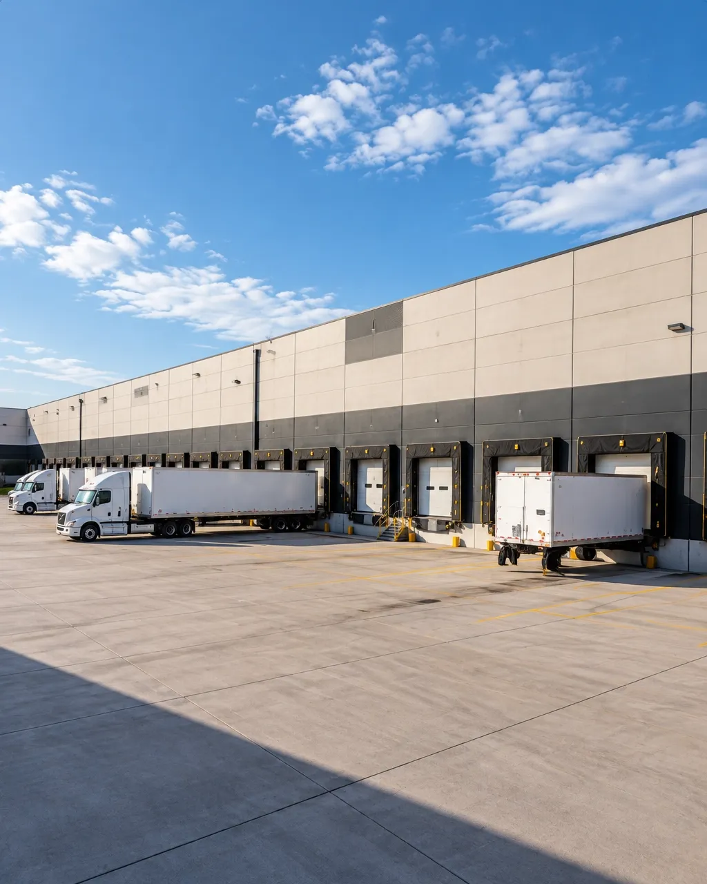 Modern distribution warehouse with loading bays and delivery trucks